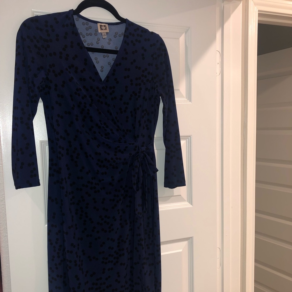 Small Blue and Black Polka Dot Anne Klein Wrap Dress 👗 Quarter Sleeve